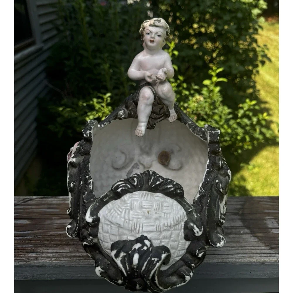 Vintage Capodimonte Italy Cherub Planter Basket Porcelain 3D Rose Putti 11